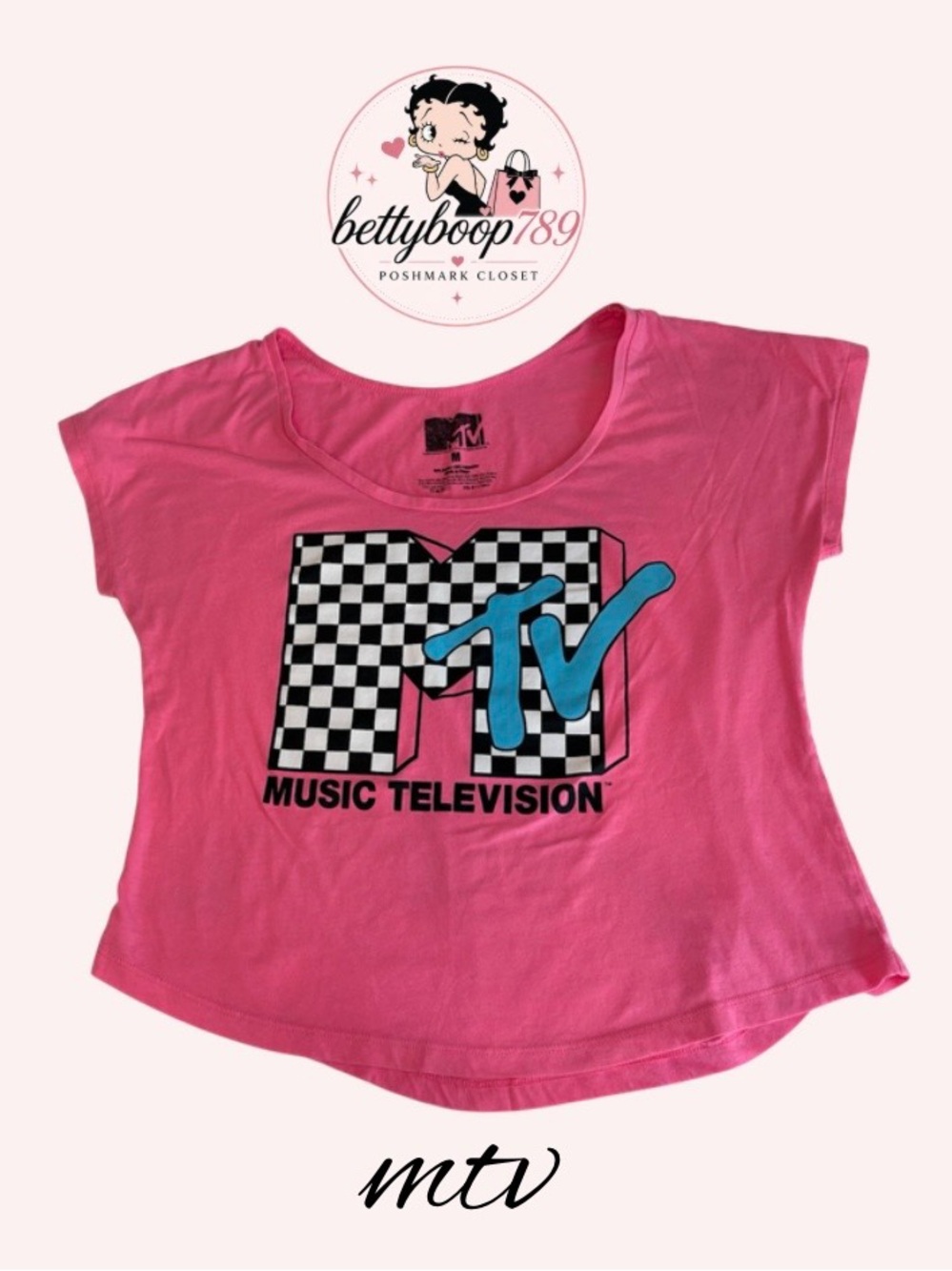 MTV Hot Pink Tee with Black & White Checker Graphic